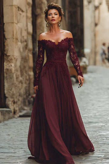 Cabernet A-Line Off the Shoulder Mother Of The Bride Dress With Lace
